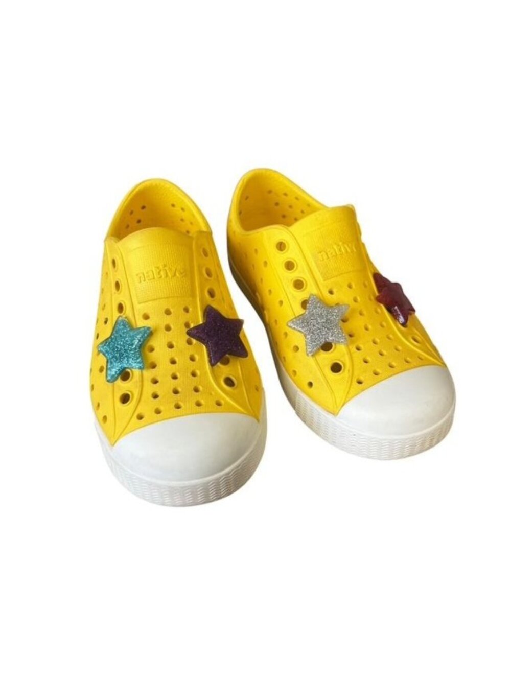 Native Jefferson Yellow and White Toddler Shoes With Sparkly Star Charms Size C